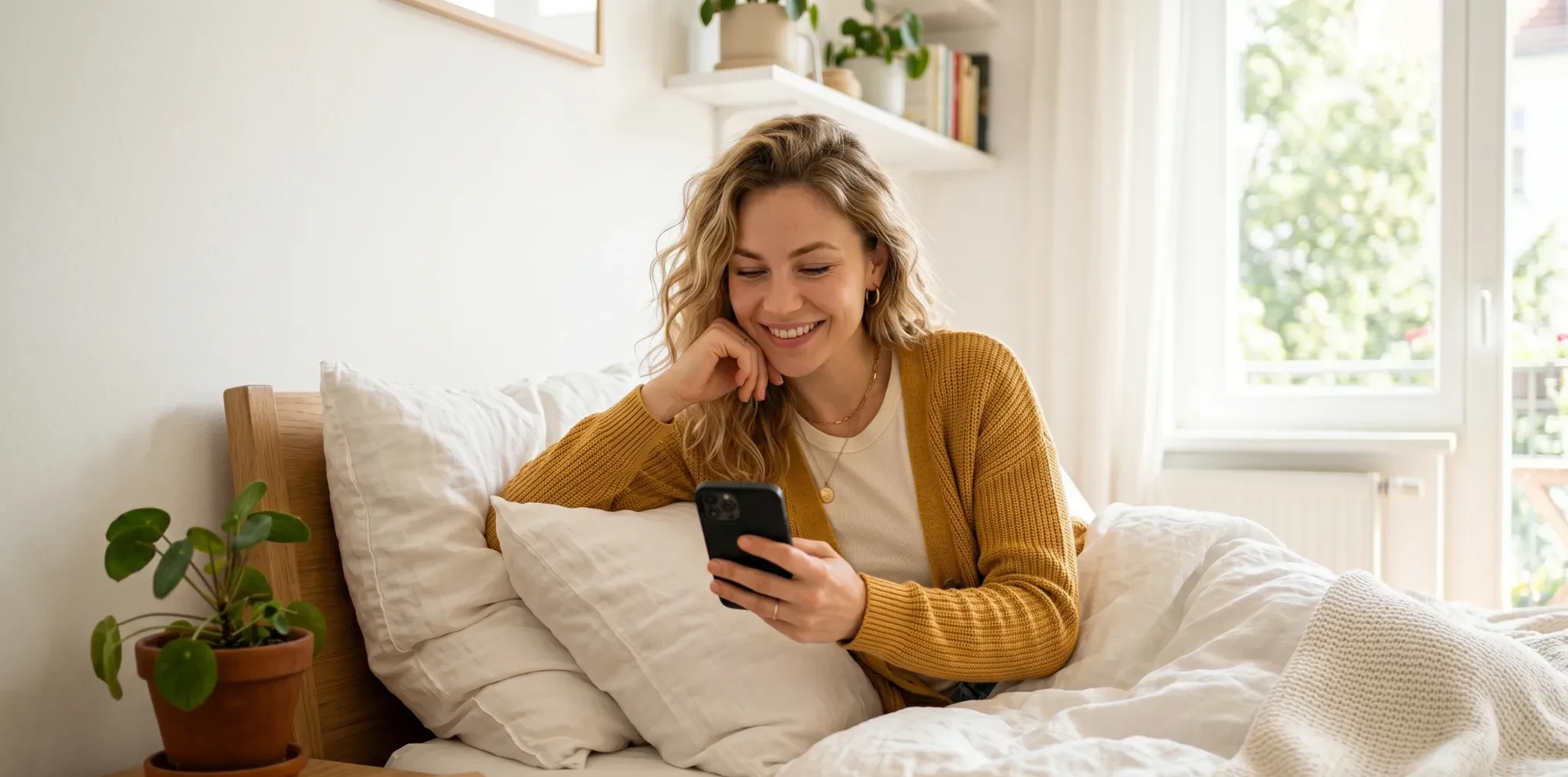 Woman having a flirt chat online during a cozy morning at home