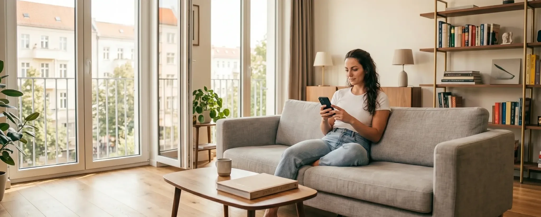 Young woman browsing flirt chat online on her sofa