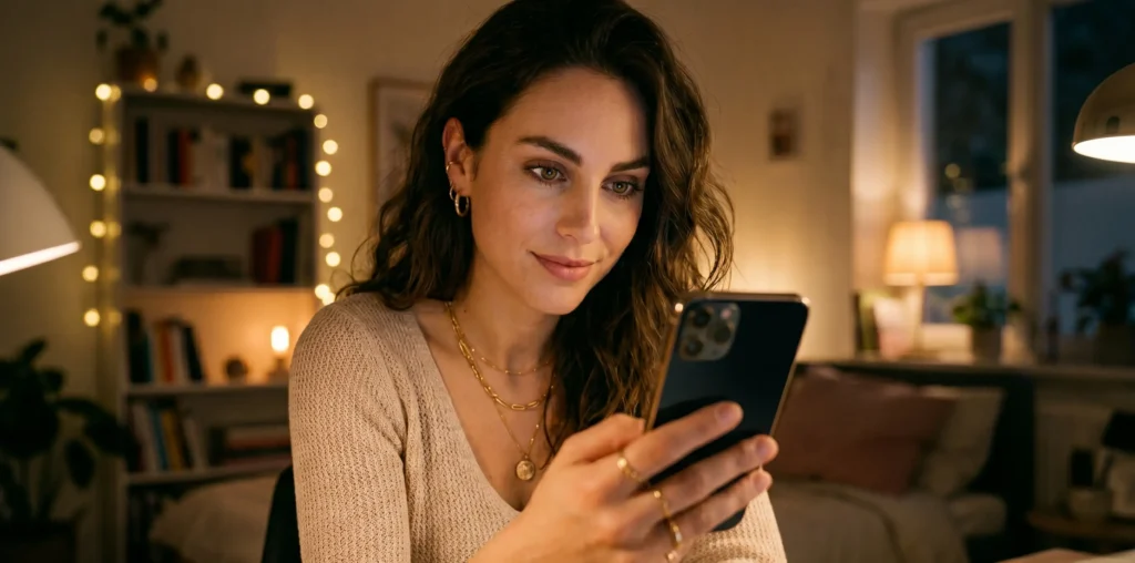 Woman focused on flirt chat online in the evening