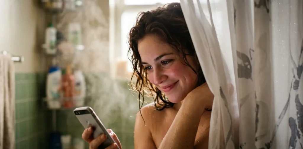 Woman smiling while reading messages in a flirt chat online