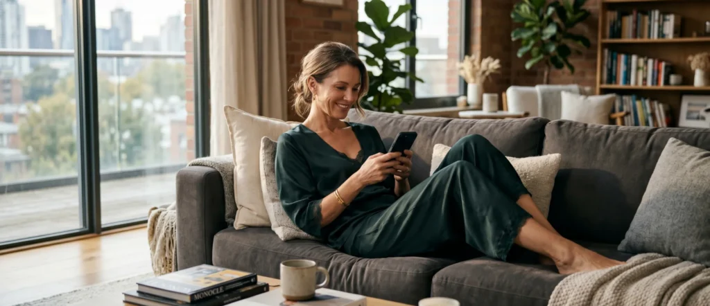 Happy mature woman relaxing on sofa while chatting online from home