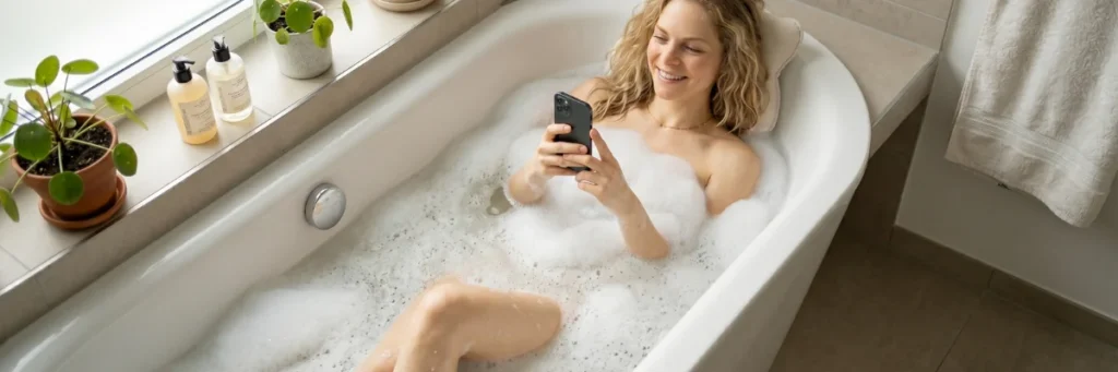 Single woman relaxing in bath and chatting on her phone