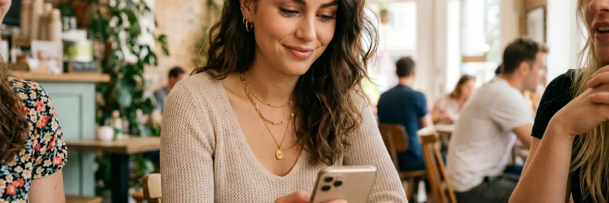 Single woman chatting online while sitting in a cozy cafe