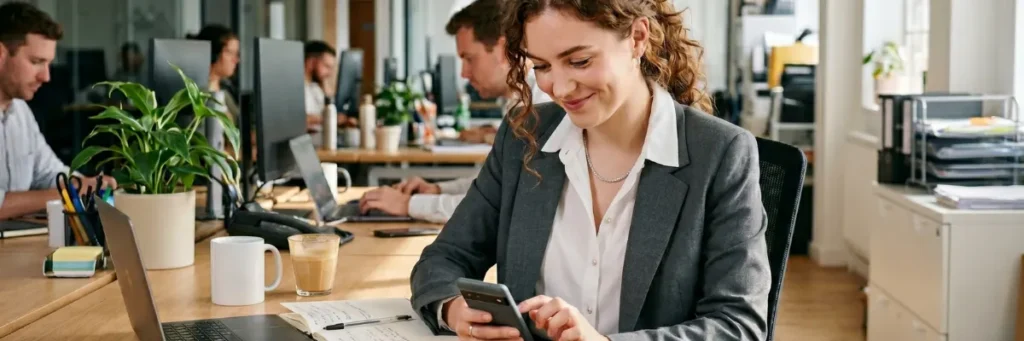 Single woman chatting during a work break