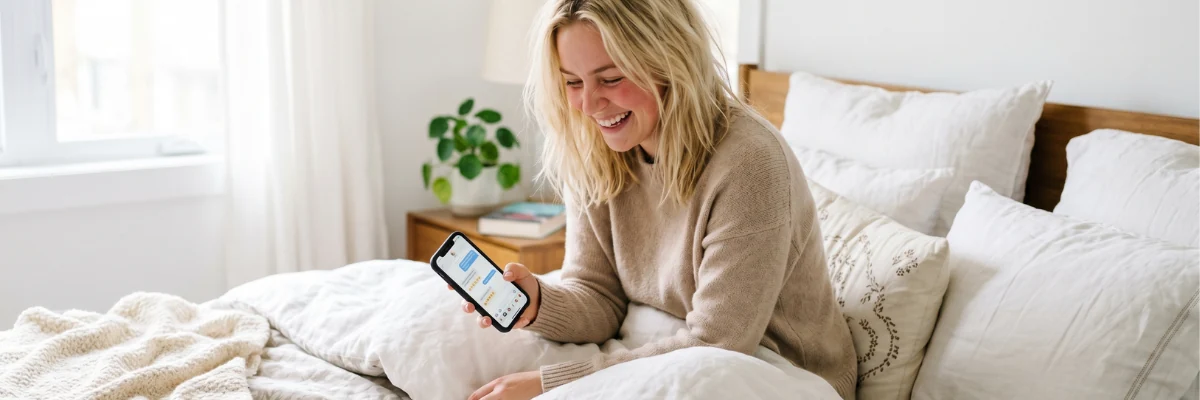 Single lady chatting on her phone while relaxing in bed