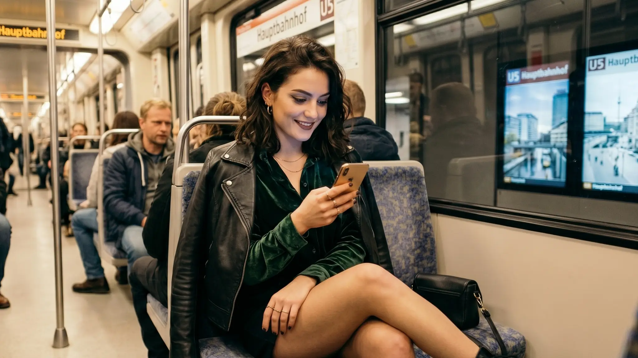 Stylish brunette woman using her smartphone during a subway ride while chatting on iFlirts