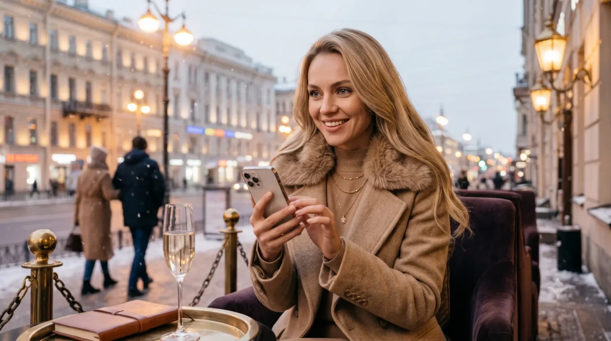 Blonde woman smiling while chatting on Russian Chat outdoors
