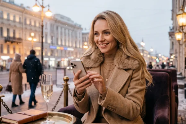 Blonde woman smiling while chatting on Russian Chat outdoors