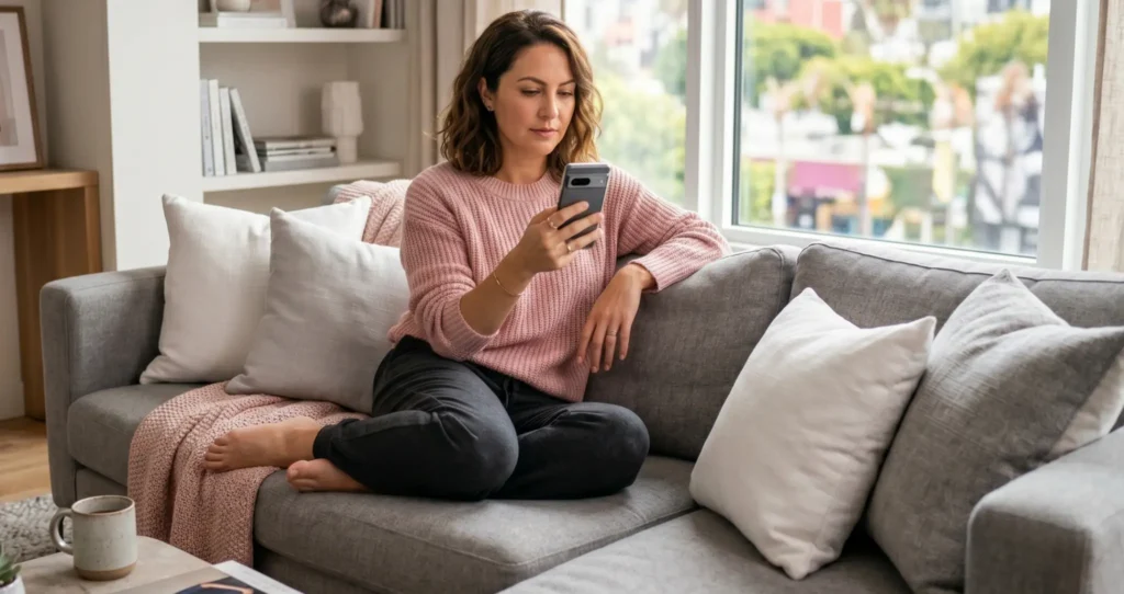 Checking new online chat notifications from a cozy sofa