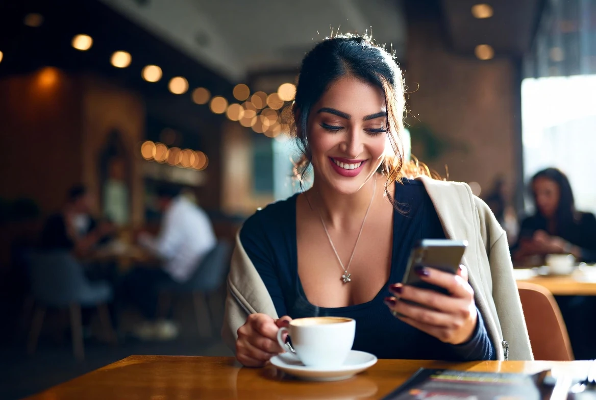Desi woman chatting online while enjoying coffee in a cozy café