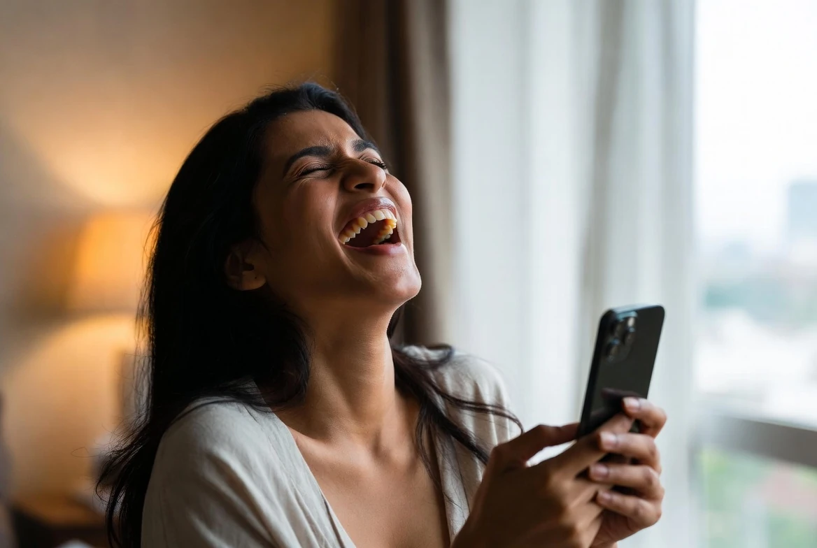 Desi woman laughing while enjoying a private desi chat on her phone