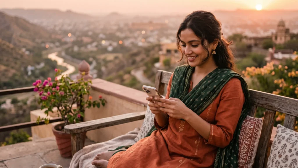 Desi woman relaxing outdoors and chatting online from her smartphone