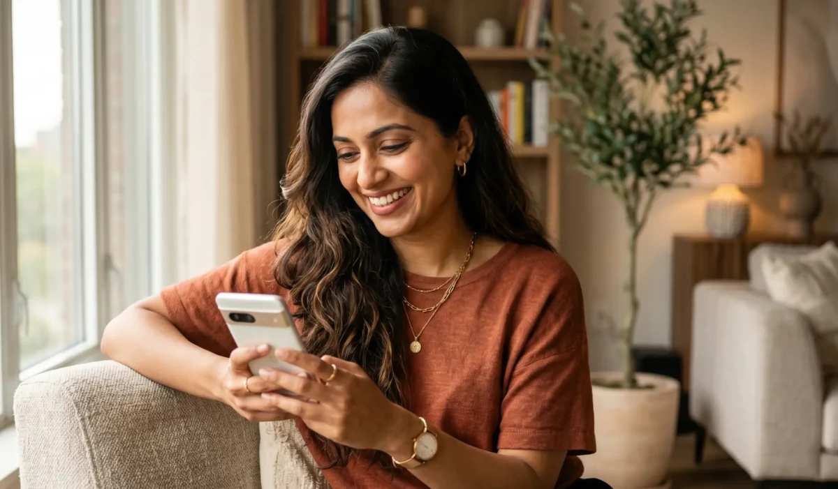 Desi woman smiling during an online chat from home