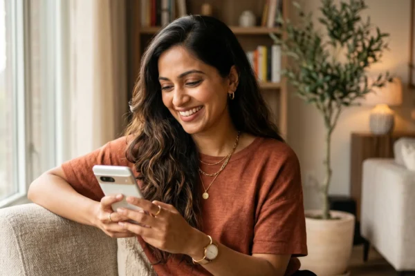Desi woman smiling during an online chat from home