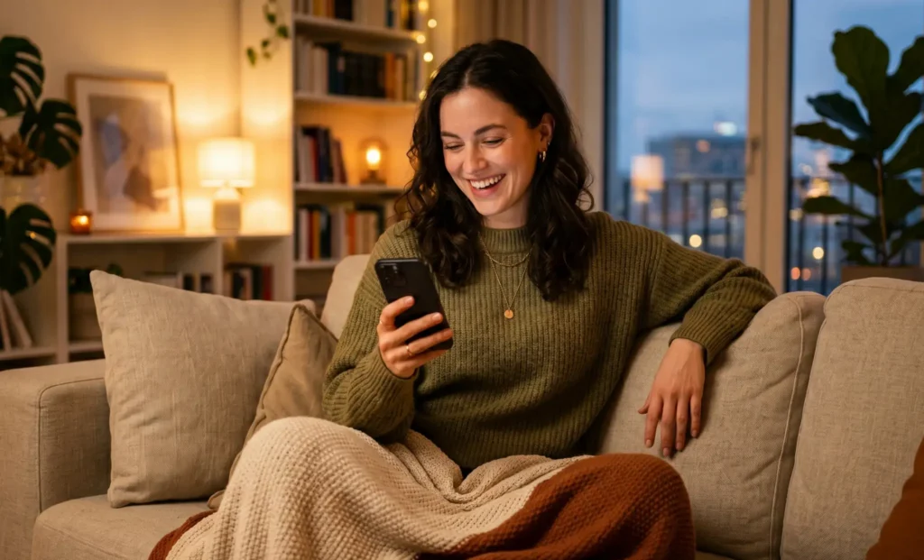 Happy woman enjoying spontaneous online conversations from her living room