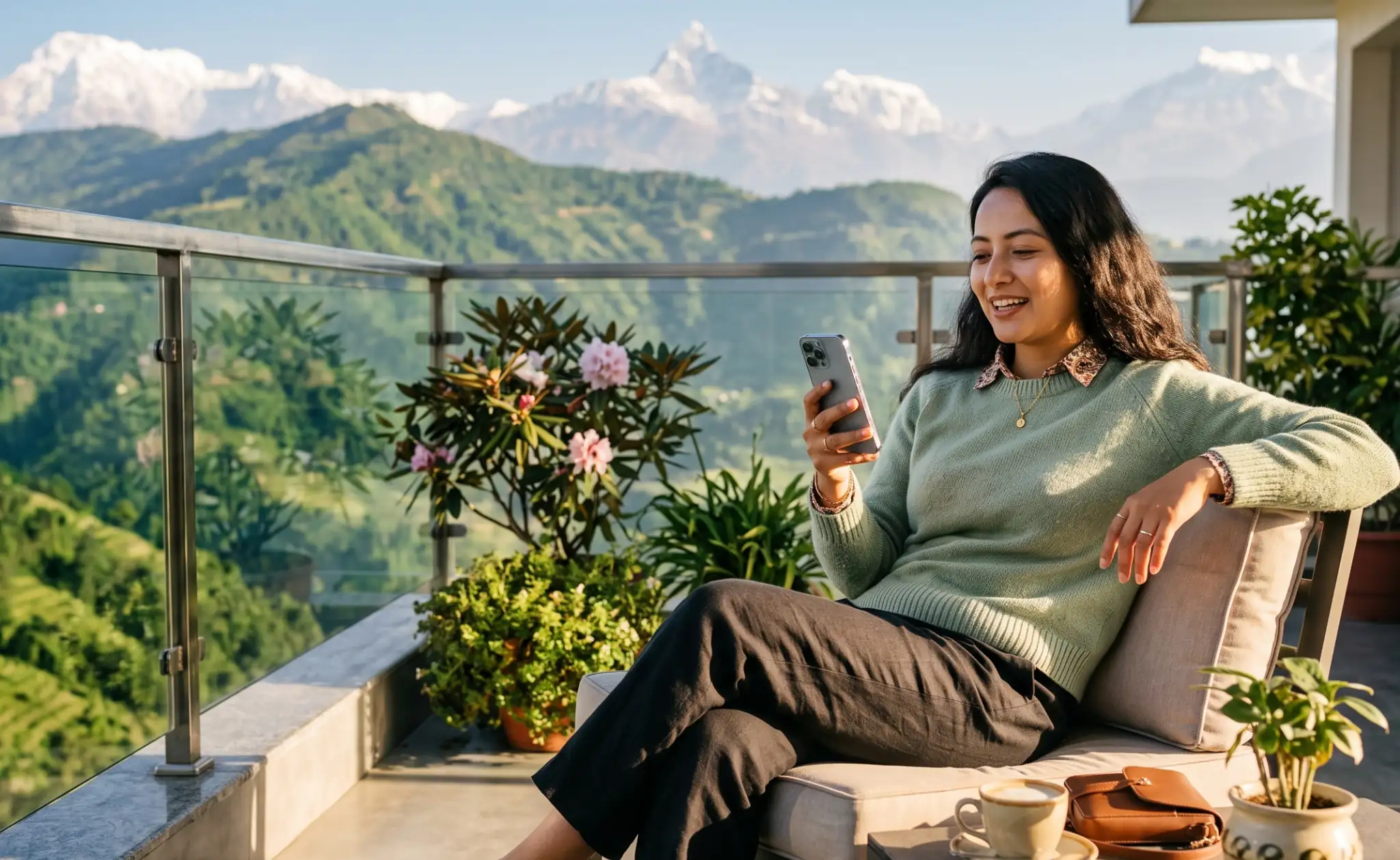 Nepali woman enjoying a nepali chat with mountain views