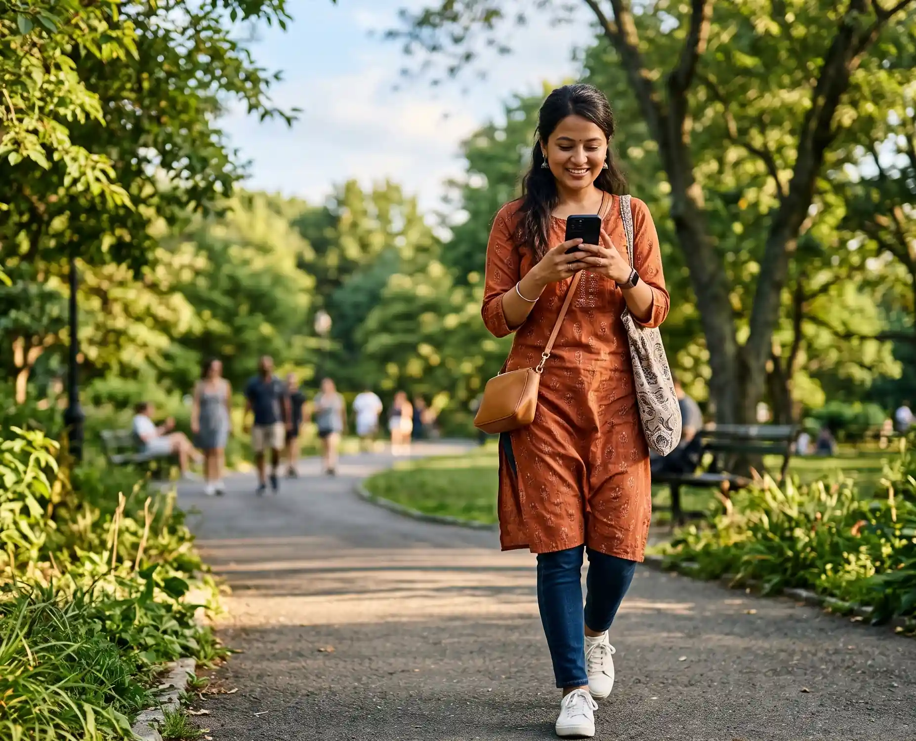 Nepali woman walking through a park while using a nepali chat