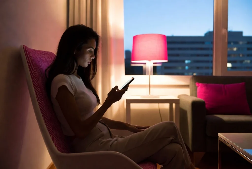 Private online chat conversation in a modern apartment at night