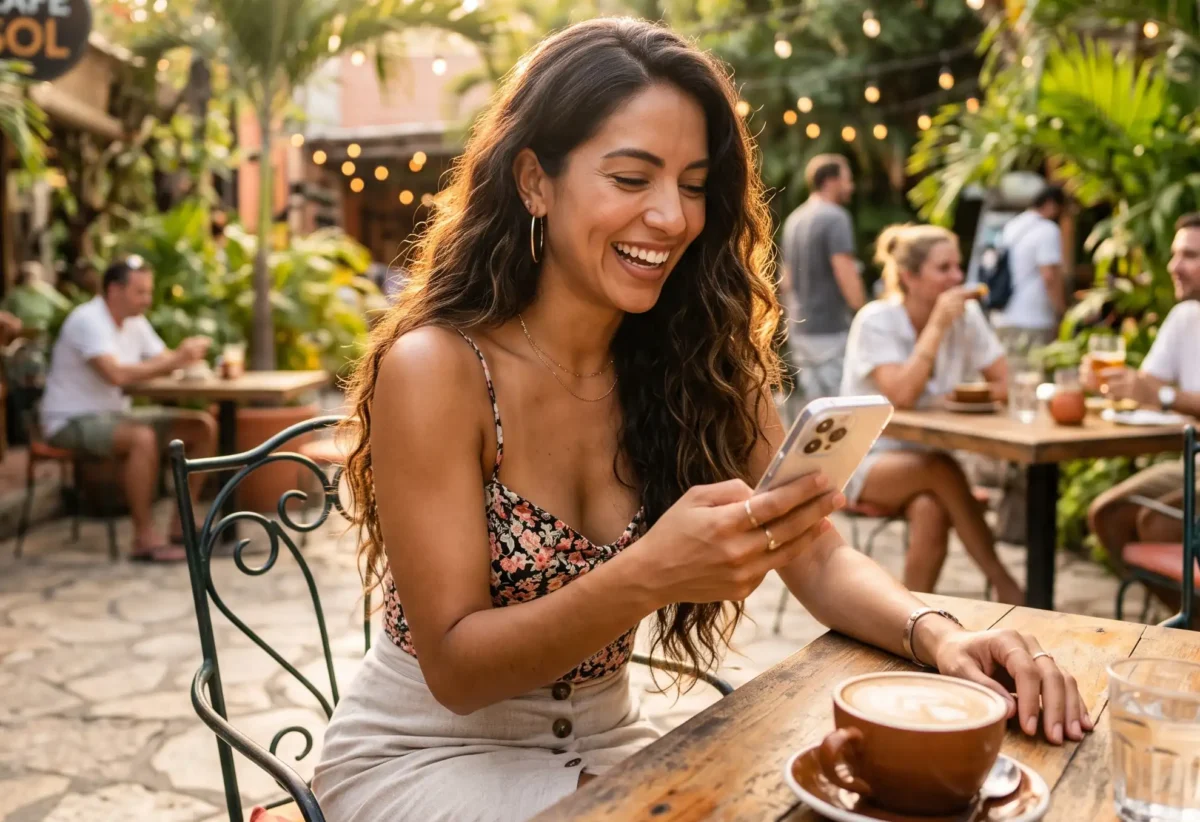 Smiling latina woman using her phone during a private latina chat