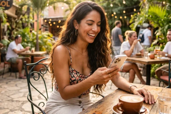 Smiling latina woman using her phone during a private latina chat