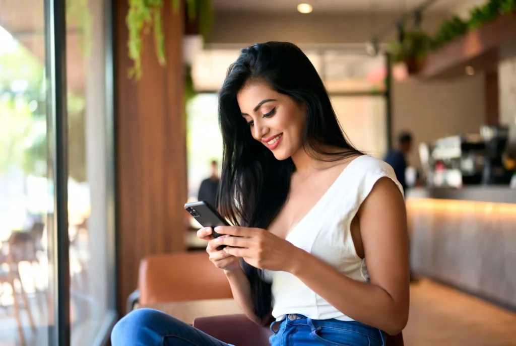 Smiling woman enjoying a nepali chat in a cozy café