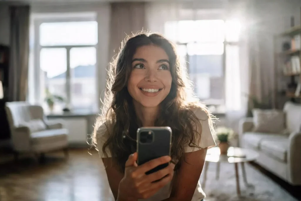 Smiling woman exploring random online conversations on her smartphone