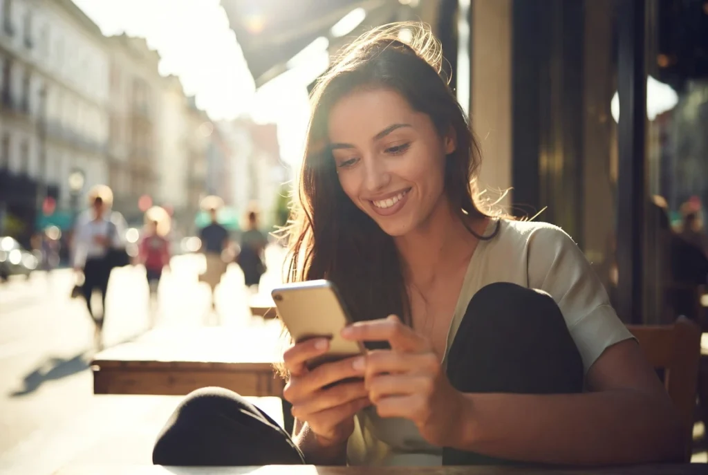 Smiling woman using a random chat platform from an outdoor café
