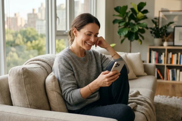 Woman chatting with new people online from a bright living room