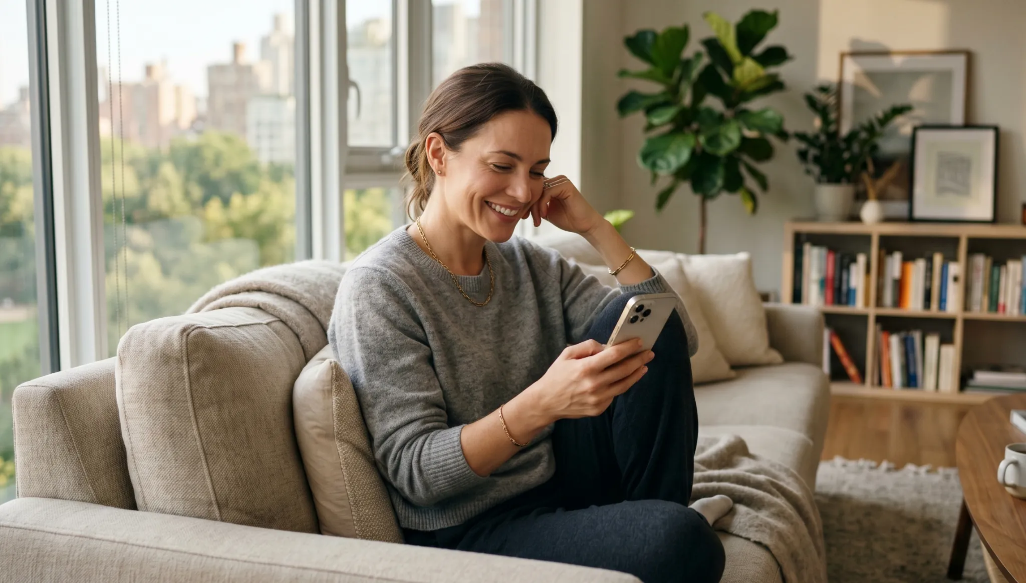 Woman chatting with new people online from a bright living room