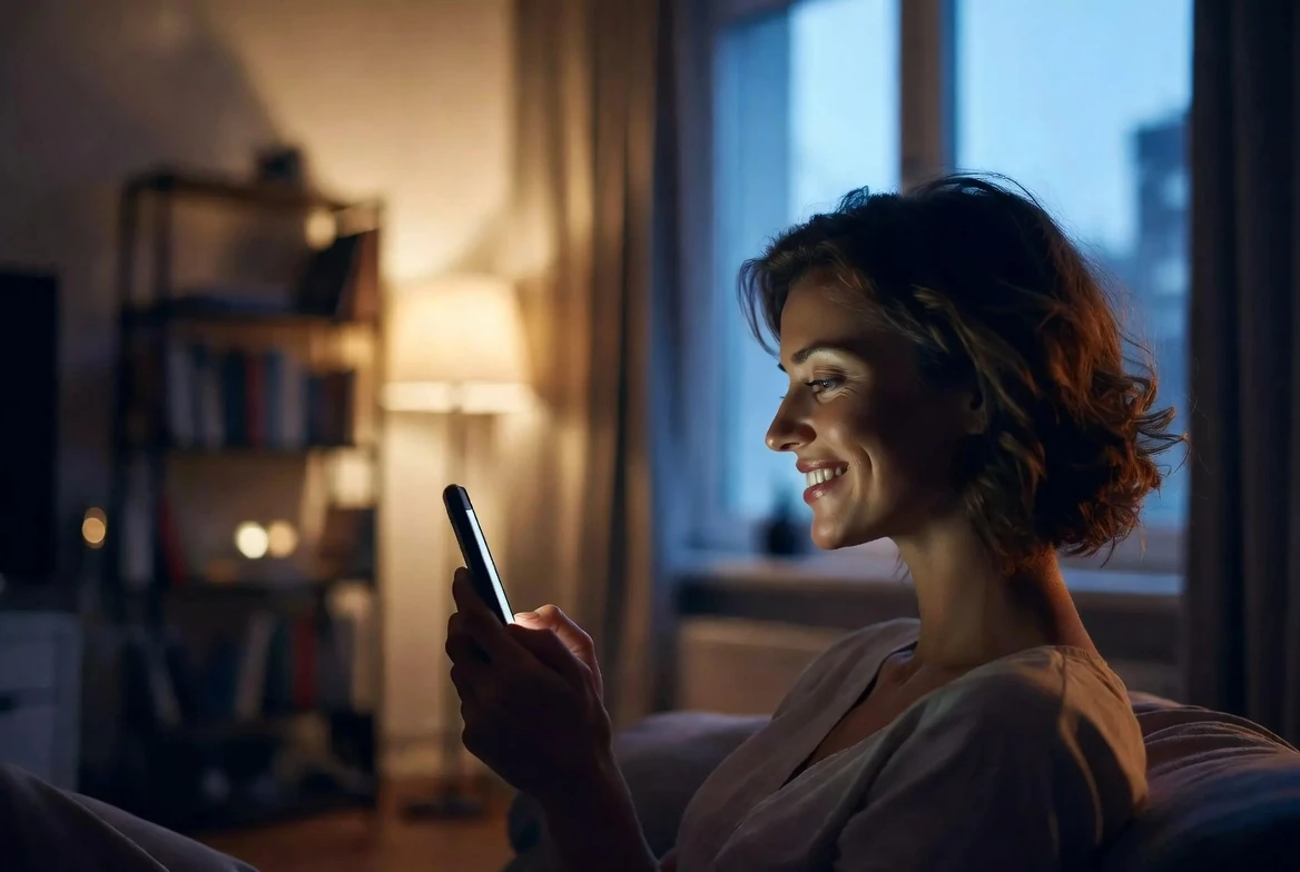 Woman chatting with random people online during a cozy evening at home