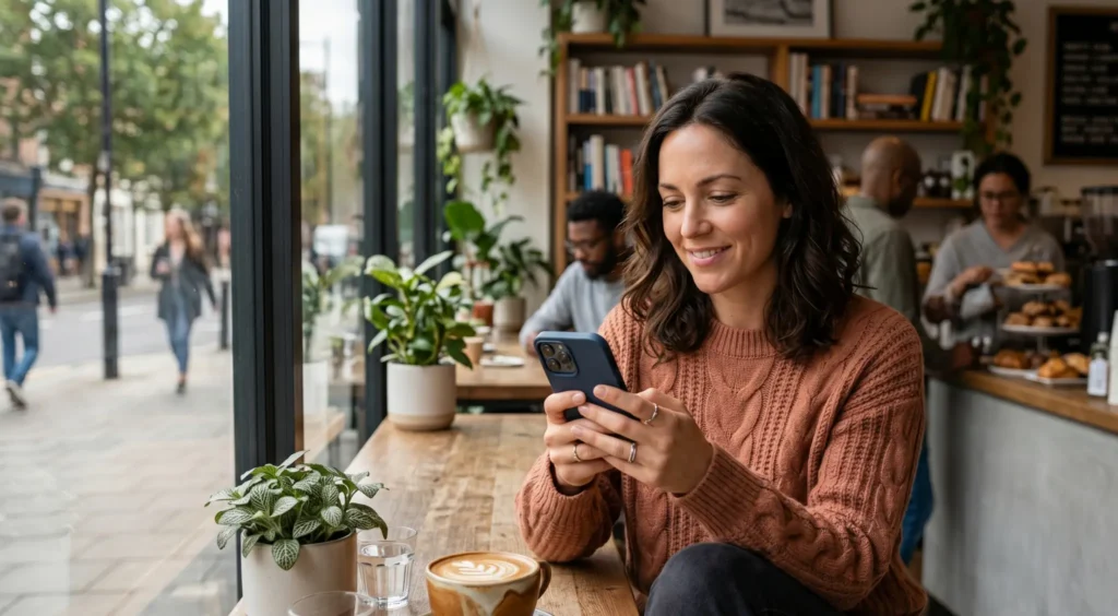 Woman chatting with strangers online from a cozy cafe using her smartphone