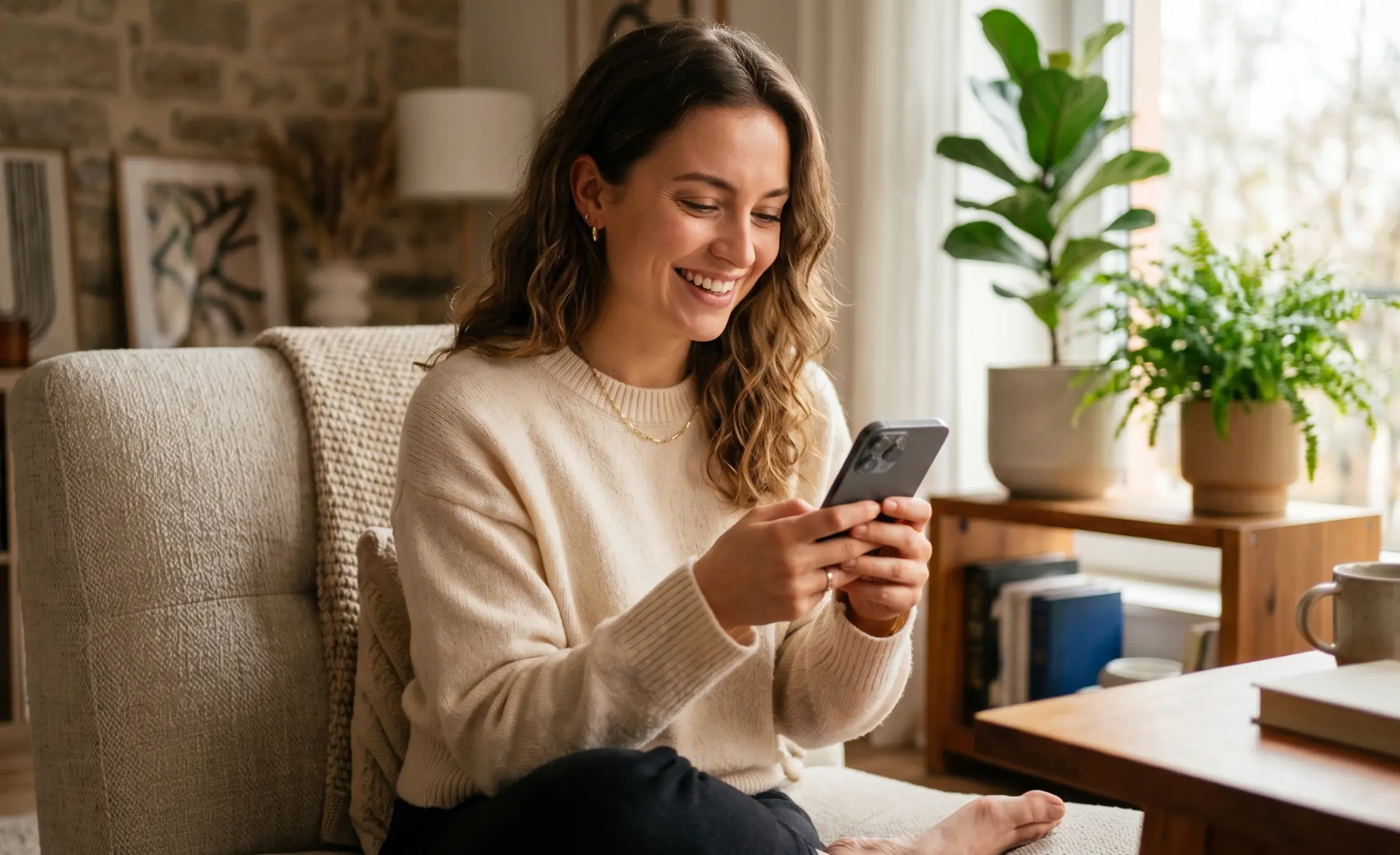 Woman connecting through random online chat from a cozy home setting