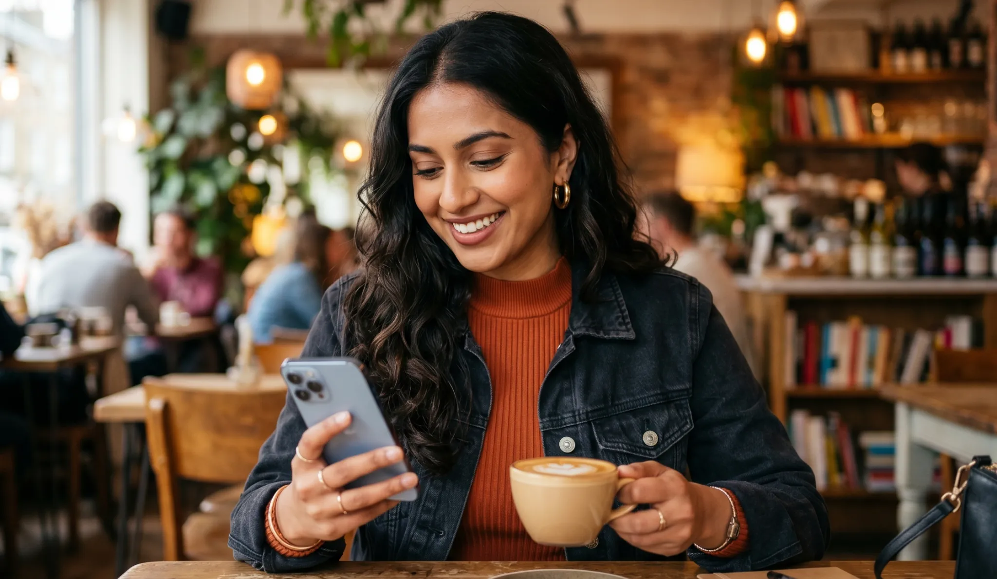 Woman enjoying a casual desi chat while relaxing in a café
