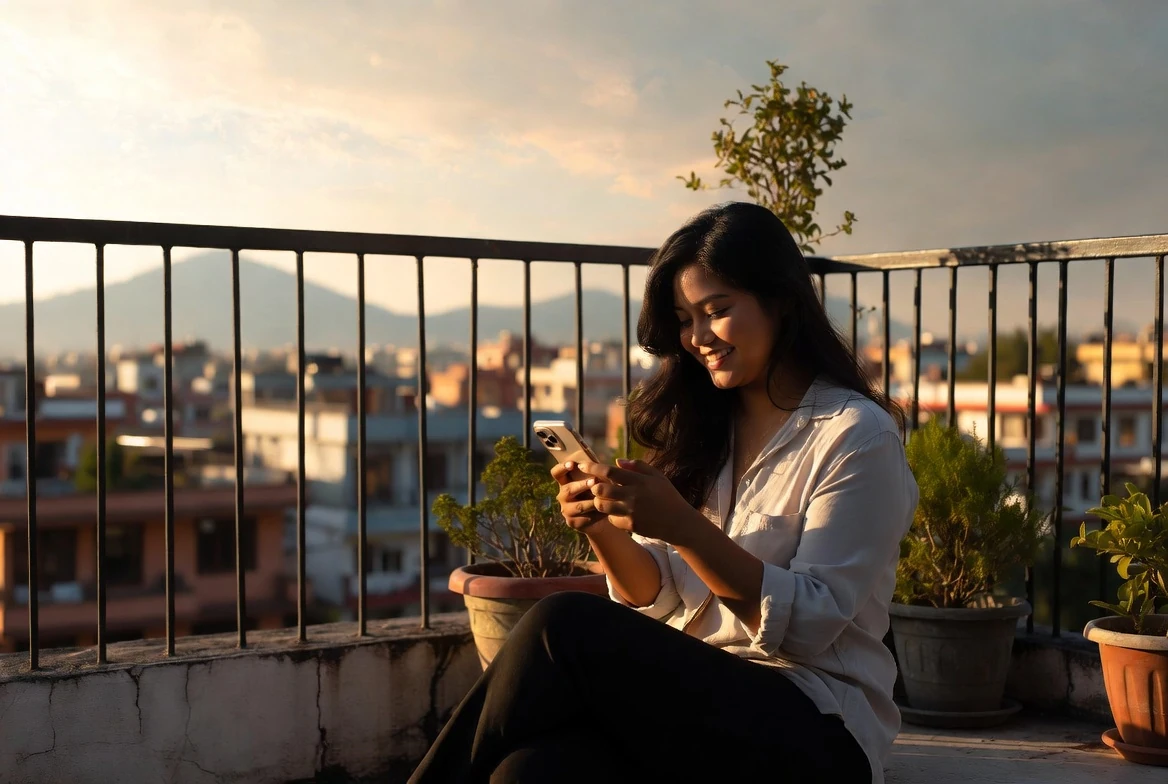 Woman enjoying a friendly nepali chat at sunset