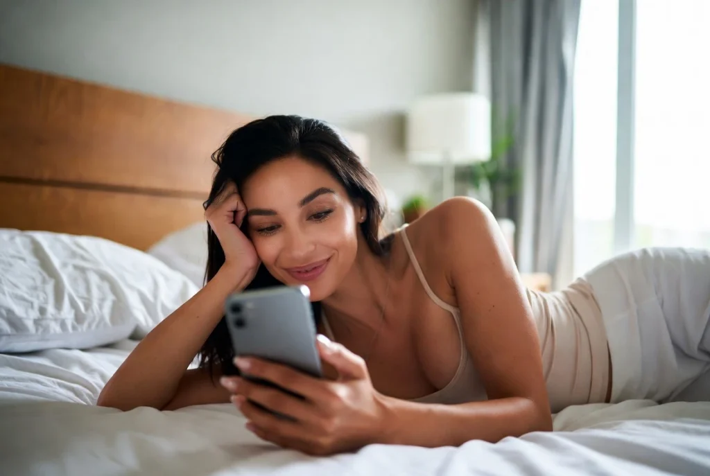Woman enjoying a random online chat while relaxing on her bed