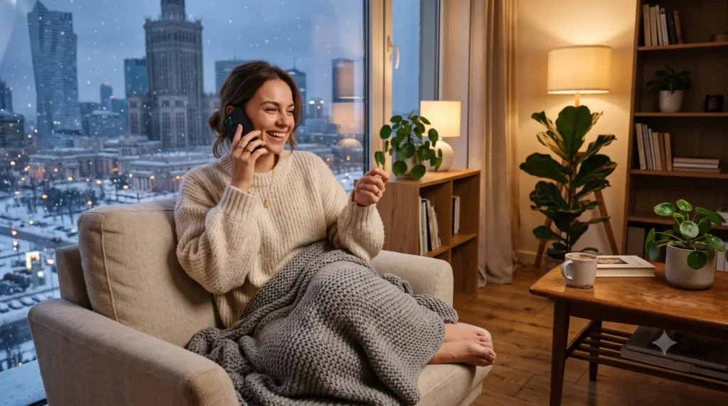 Woman enjoying a voice call after meeting someone on Russian Chat