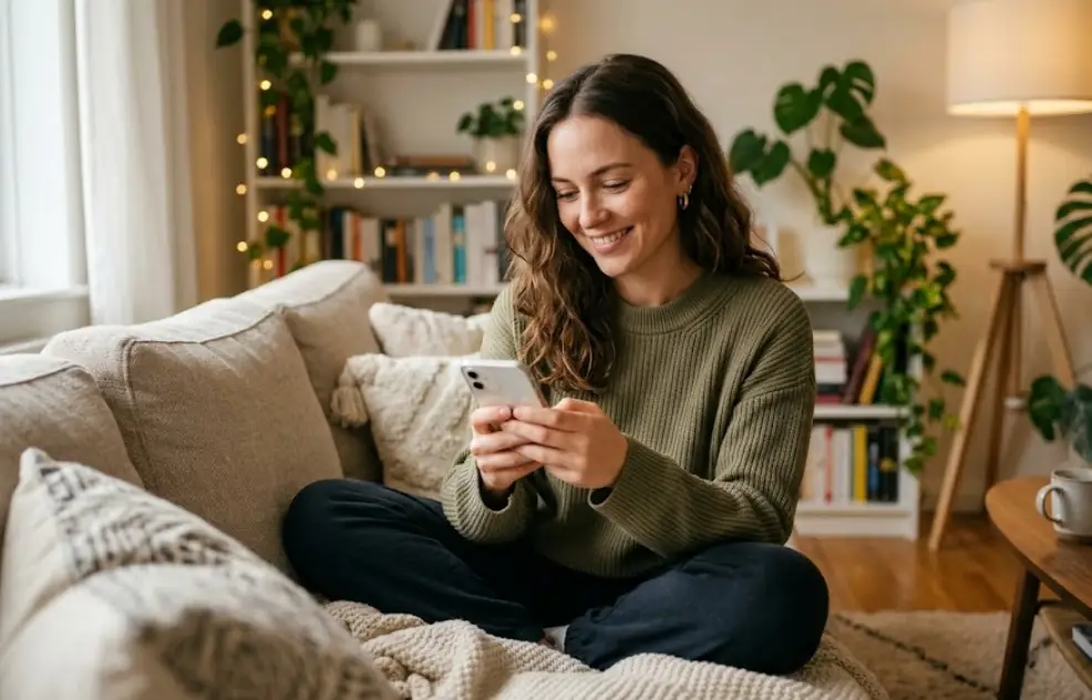 Woman enjoying an anonymous text chat in a cozy living room