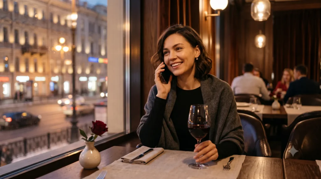 Woman having a pleasant conversation through Russian Chat in a restaurant