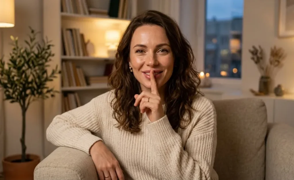 Woman signaling privacy while taking part in an anonymous chat online