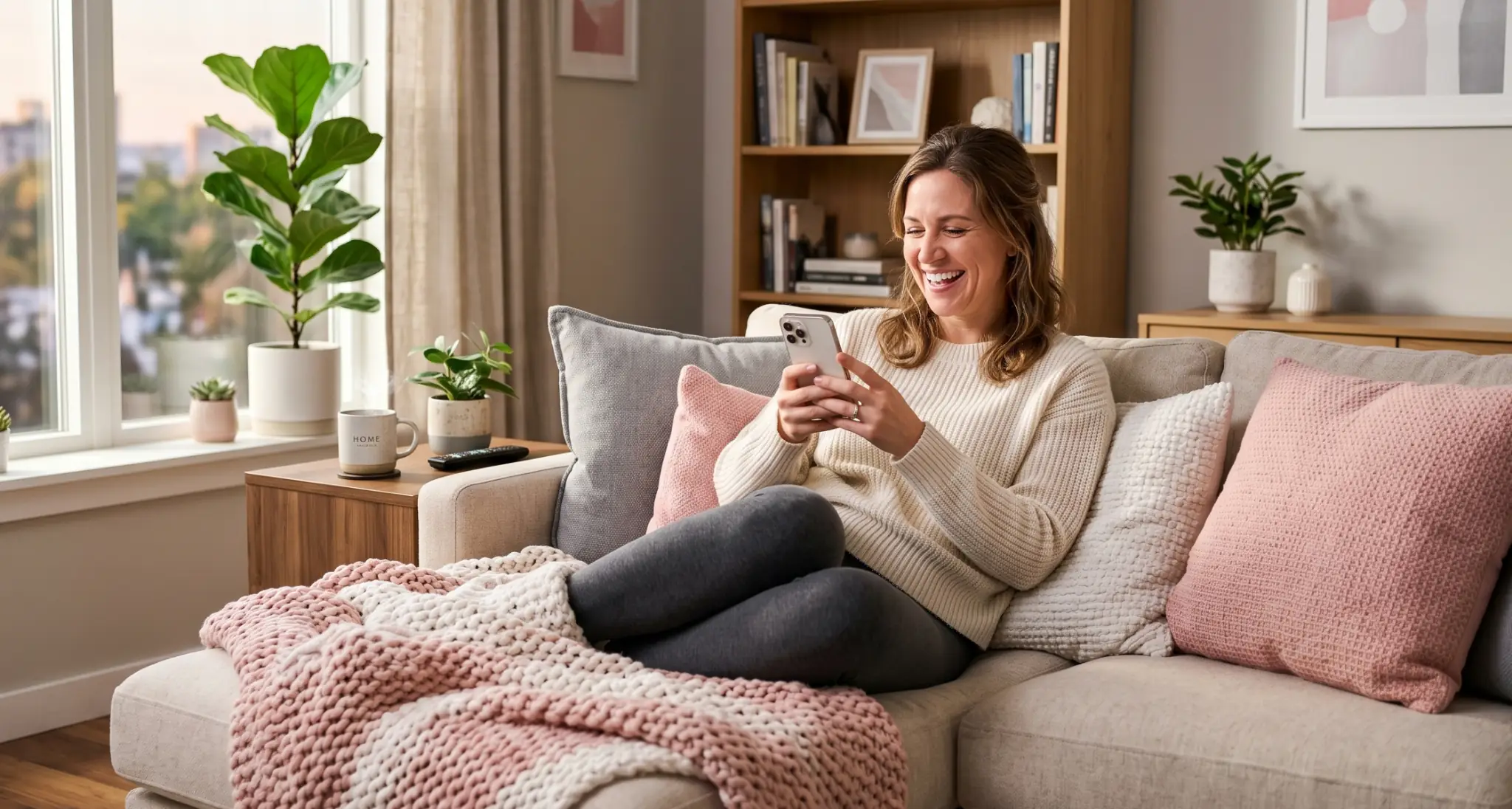 Woman smiling while using an online chat app from her cozy living room