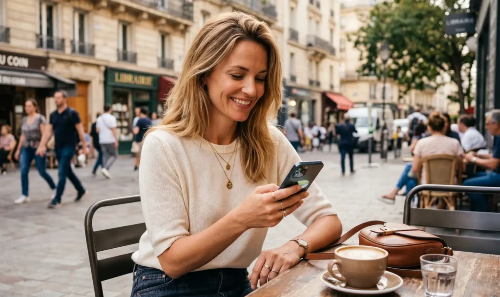 Woman taking part in a random online chat while relaxing at a city café