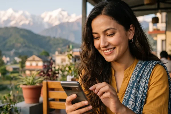Woman using a nepali chat while relaxing at a café