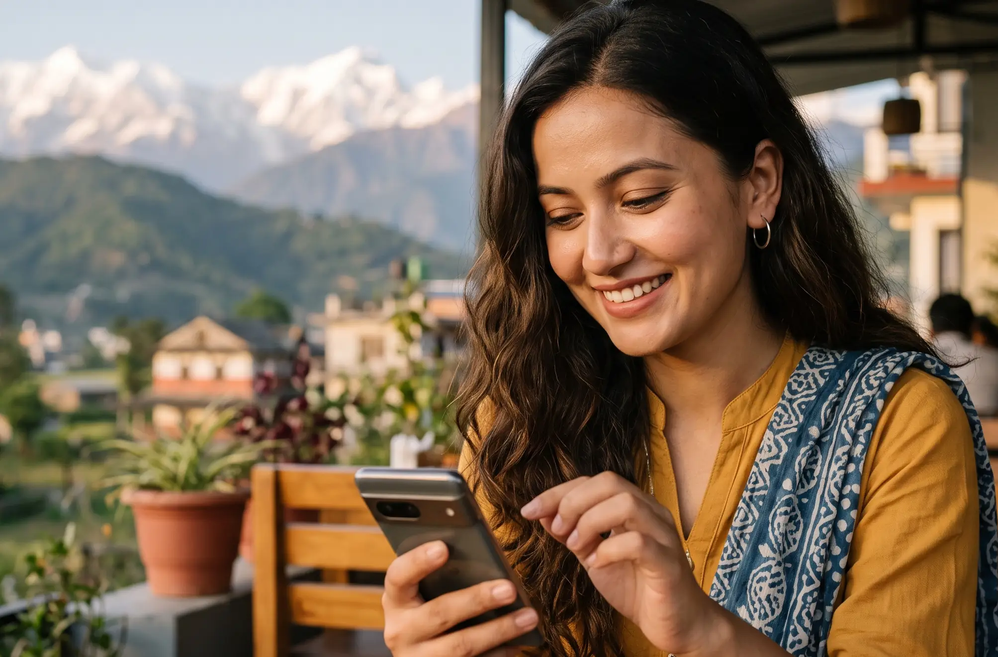 Woman using a nepali chat while relaxing at a café