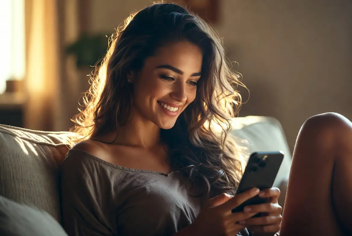 Woman using a secure anonymous chat platform from her sofa