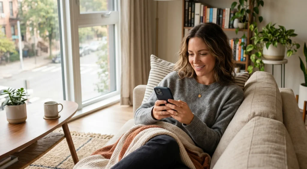 Woman using a stranger chat site while relaxing on a comfortable sofa