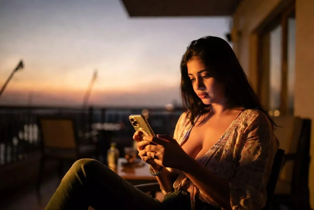 Woman using her phone during an evening desi chat conversation