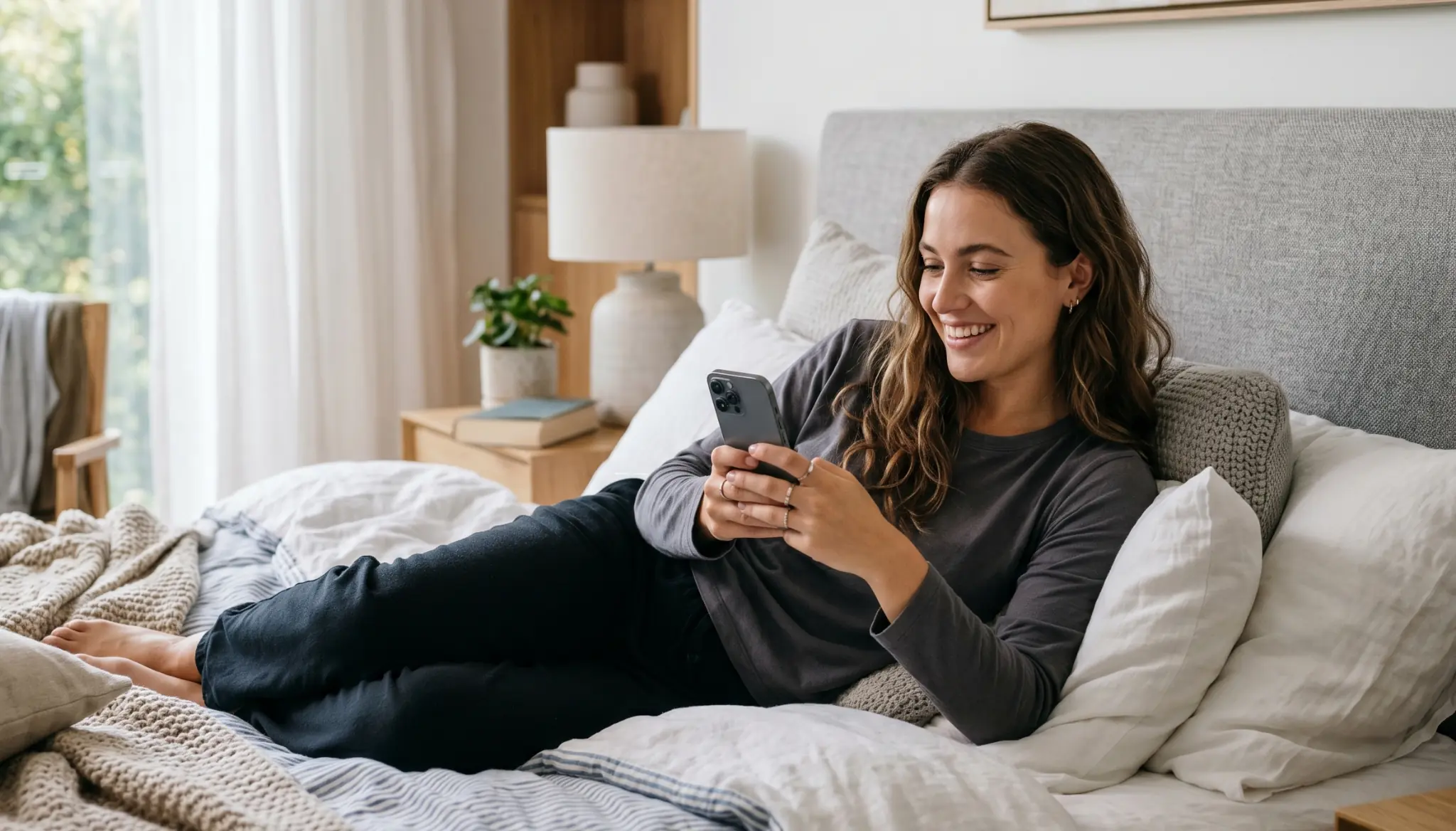 Woman using her phone for private random chats while relaxing in bed