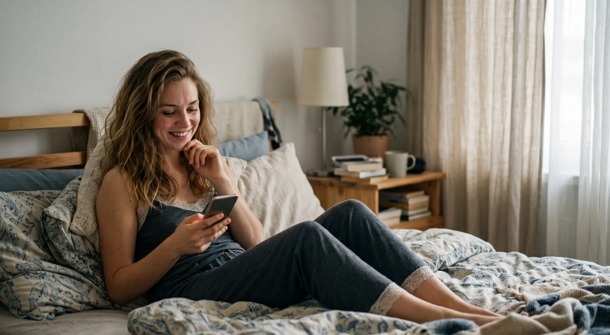 Young woman having a fun stranger chat conversation from home