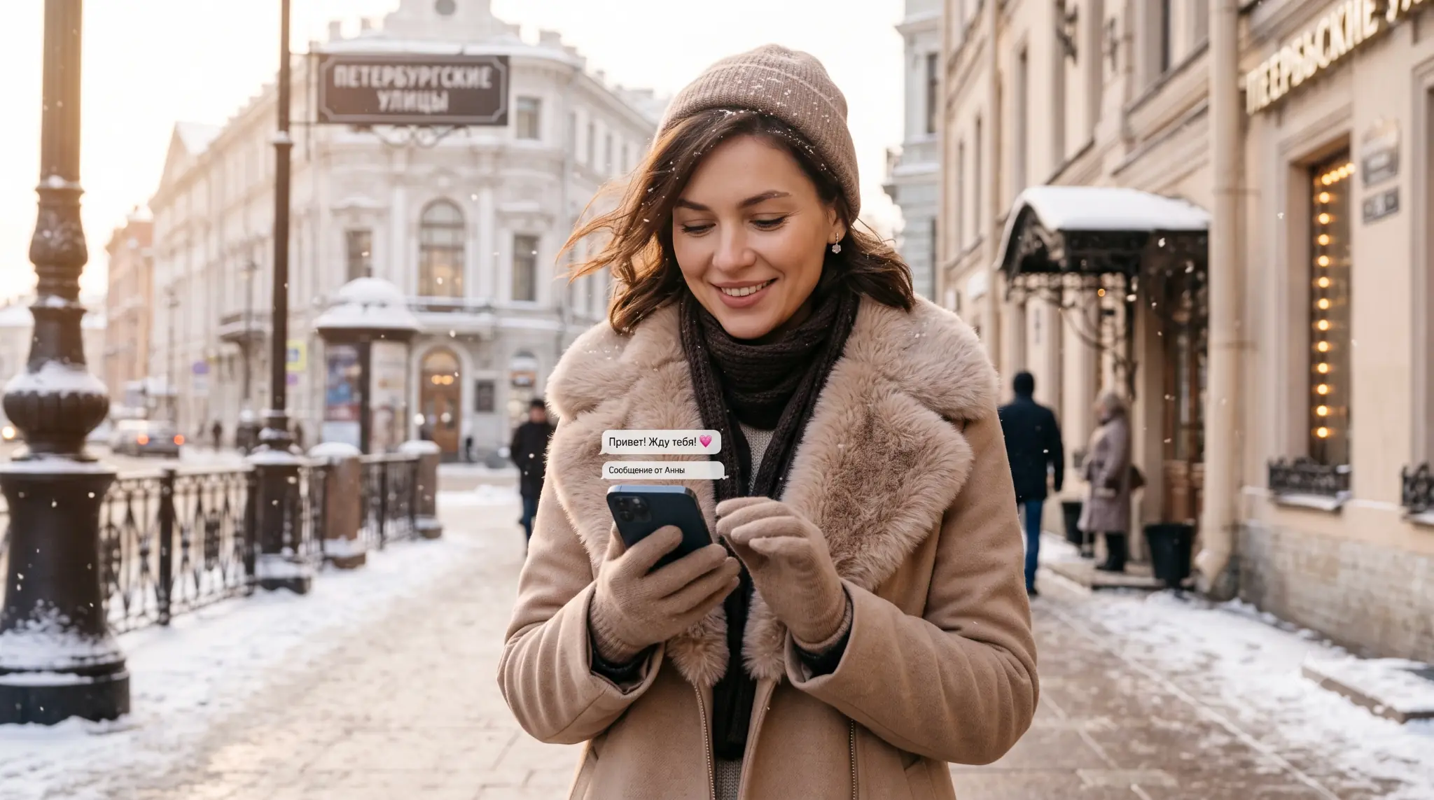 Young woman reading messages on Russian Chat during a winter walk