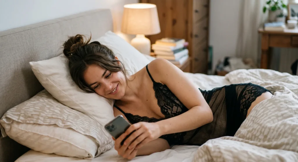 Young woman smiling during a late-night stranger chat on her phone